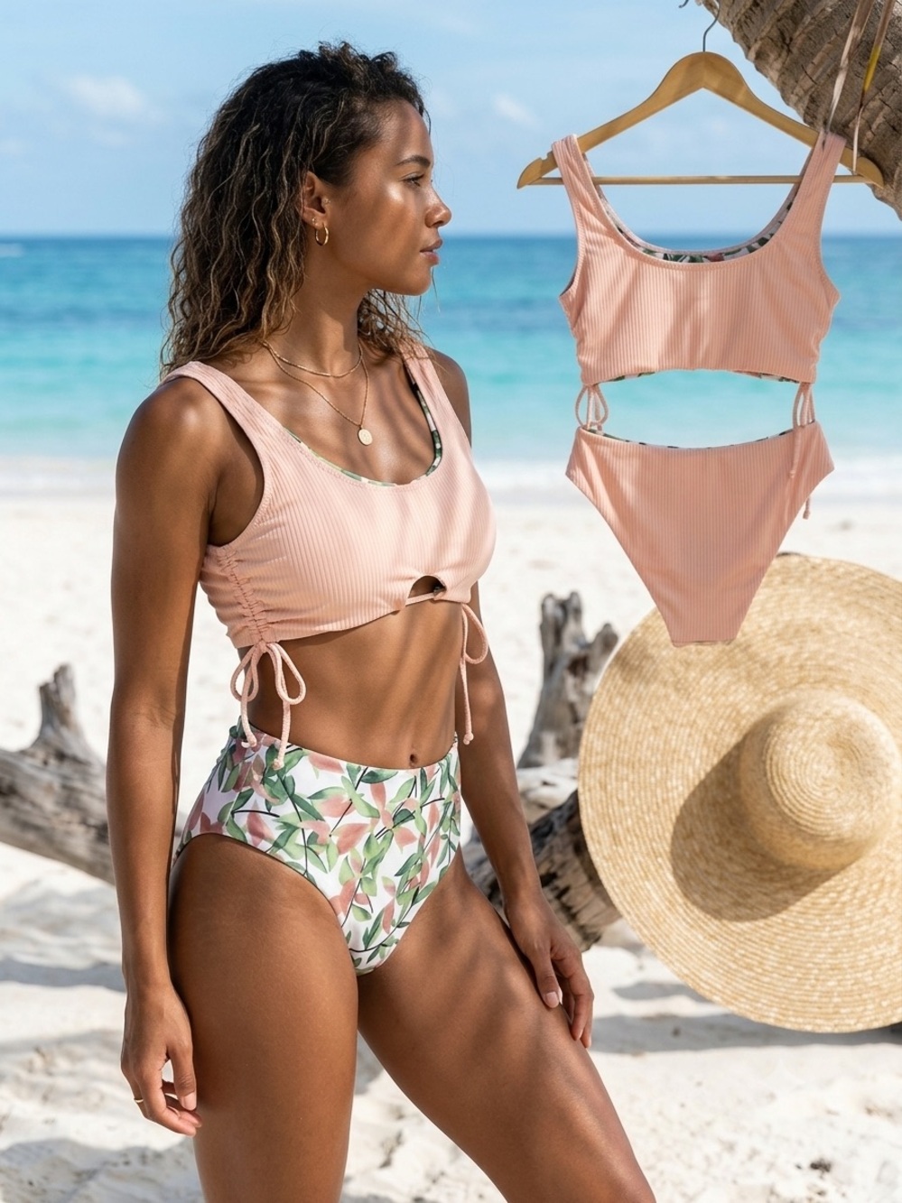 CUPSHE Reversible Ribbed Bikini Set Size S Peach & Leaf Print